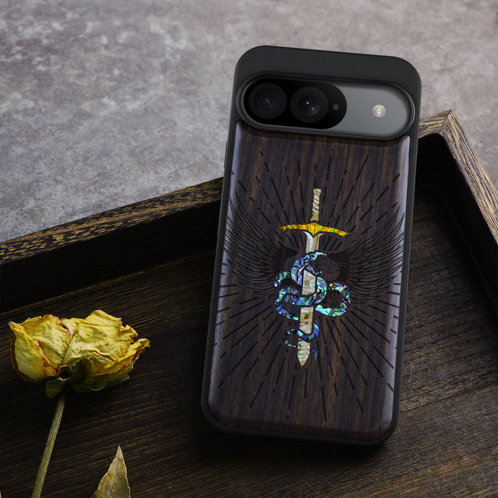 Serpent Winged Sword, Hand-Inlaid Wood & Mother of Pearl Case - Artisanal Cover for Google Pixel