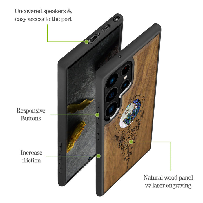 Vegvísir, Ravens, and Yggdrasil, Hand-Inlaid Wood & Mother of Pearl Case - Artisanal Cover for Samsung Galaxy