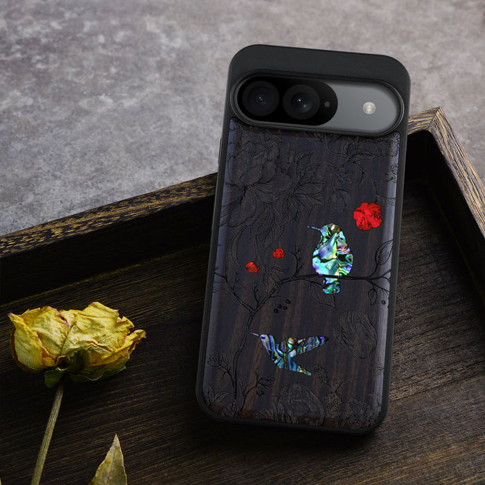 A Dance of Flora and Avian, Hand-Inlaid Wood & Mother of Pearl Case - Artisanal Cover for Google Pixel