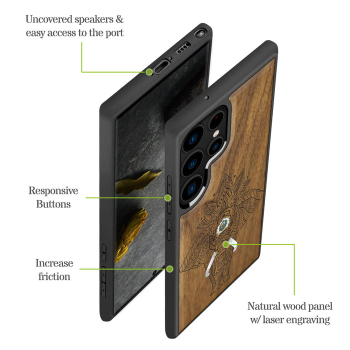 African Elephant in Linework Art, Hand-Inlaid Wood & Mother of Pearl Case - Artisanal Cover for Samsung Galaxy