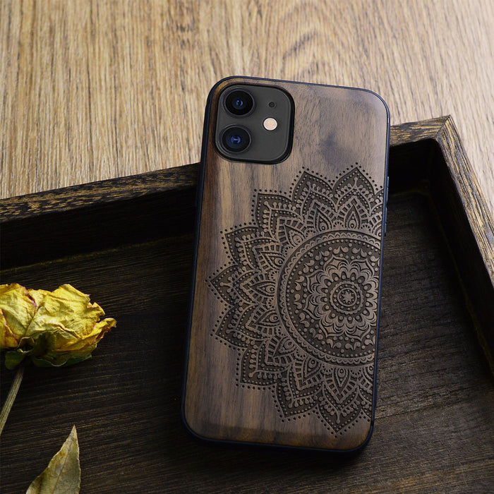 The Half Mandala Lace Art, Classic Engraved Wood & TPU Case - Artisanal Cover for Apple iPhone