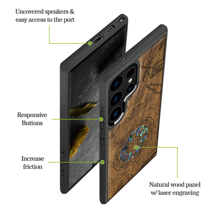 Viking Shield, Hand-Inlaid Wood & Mother of Pearl Case - Artisanal Cover for Samsung Galaxy