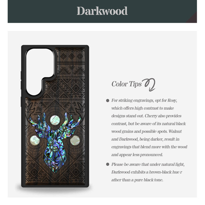 Ancient Geometry Stag, Hand-Inlaid Wood & Mother of Pearl Case - Artisanal Cover for Samsung Galaxy