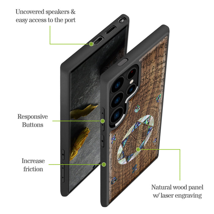 The Sacred Seals, Hand-Inlaid Wood & Mother of Pearl Case - Artisanal Cover for Samsung Galaxy