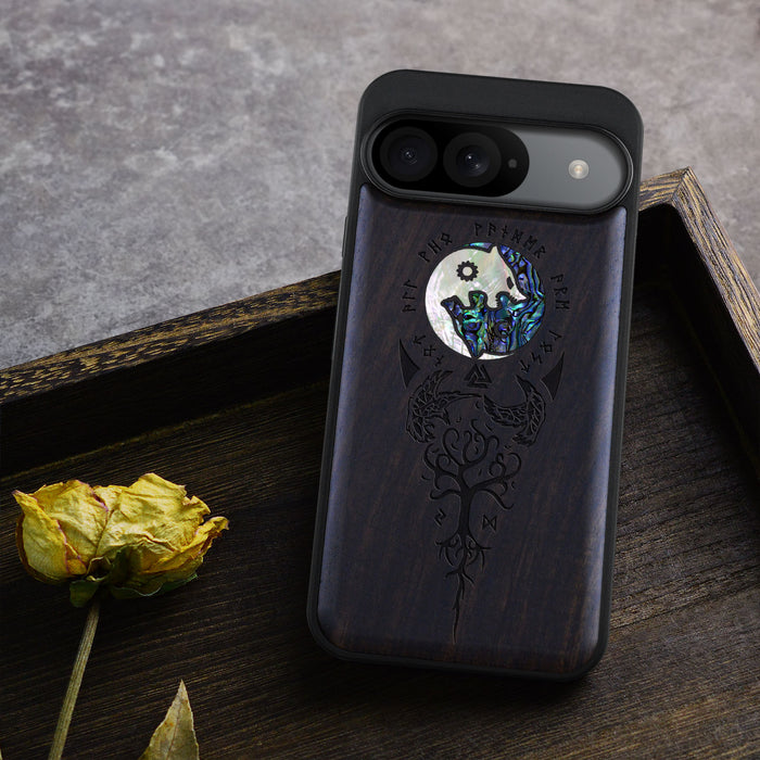 Vegvísir, Ravens, and Yggdrasil, Hand-Inlaid Wood & Mother of Pearl Case - Artisanal Cover for Google Pixel