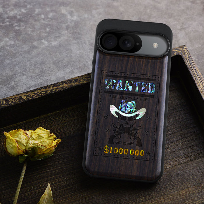 Outlaw Skull Wanted, Hand-Inlaid Wood & Mother of Pearl Case - Artisanal Cover for Google Pixel