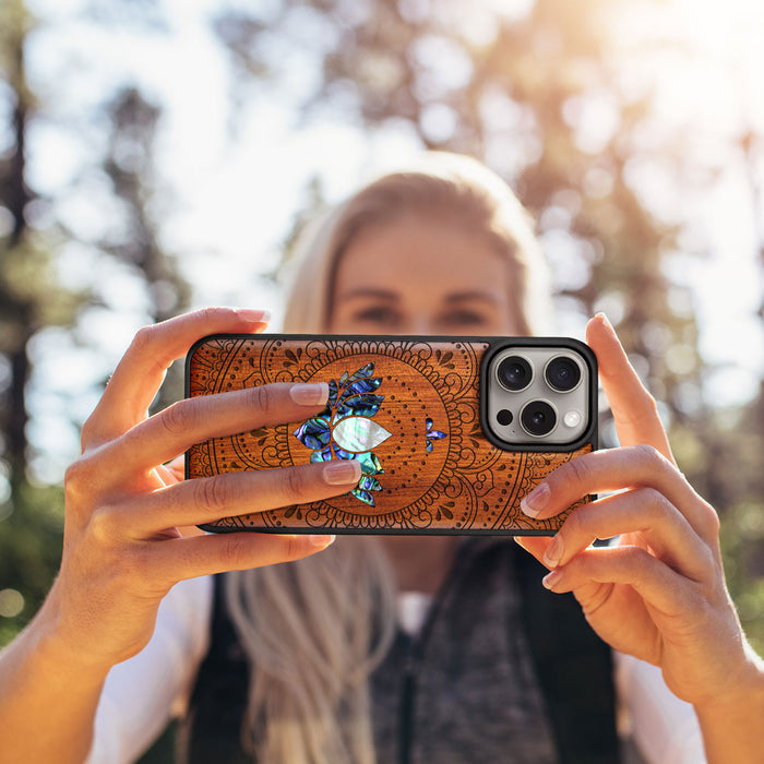 Lotus Mandala Essence, Hand-Inlaid Wood & Mother of Pearl Case - Artisanal Cover for Apple iPhone