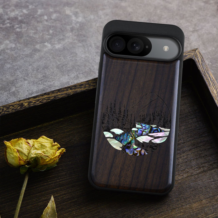 The Lake and Mountain Landscape, Hand-Inlaid Wood & Mother of Pearl Case - Artisanal Cover for Google Pixel