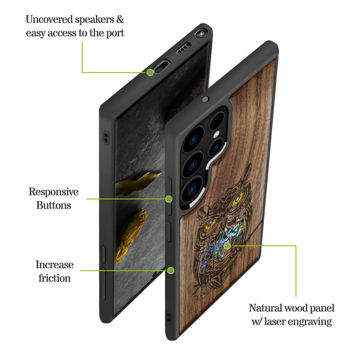 An Owl Perched on a Branch, Hand-Inlaid Wood & Mother of Pearl Case - Artisanal Cover for Samsung Galaxy