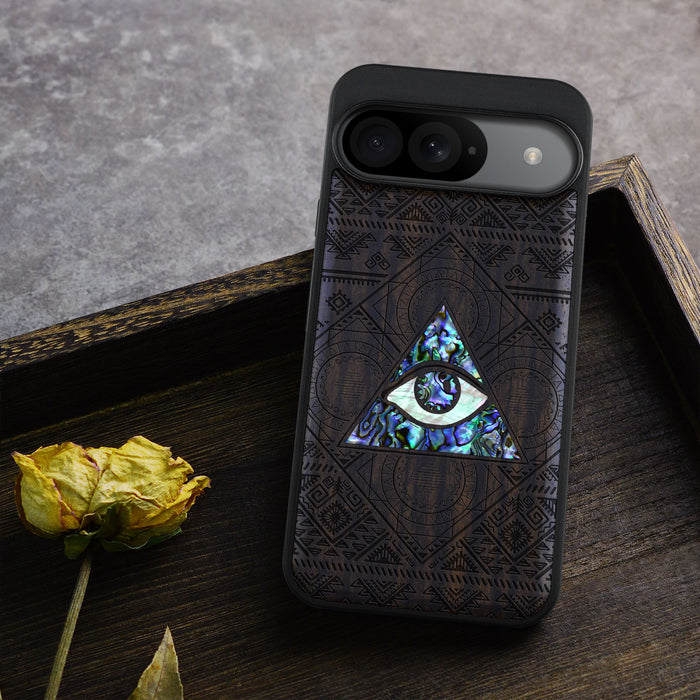 The All-Seeing Eye, Hand-Inlaid Wood & Mother of Pearl Case - Artisanal Cover for Google Pixel