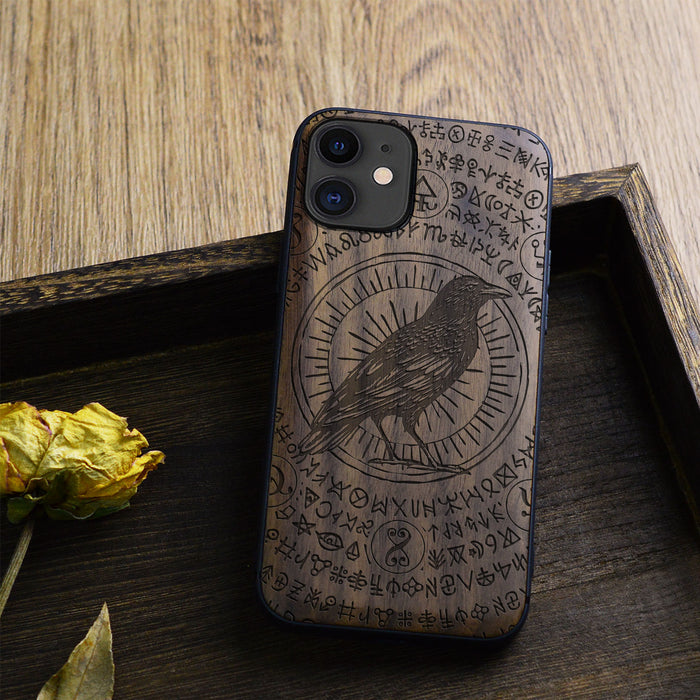 The Haloed Crow, Classic Engraved Wood & TPU Case - Artisanal Cover for Apple iPhone