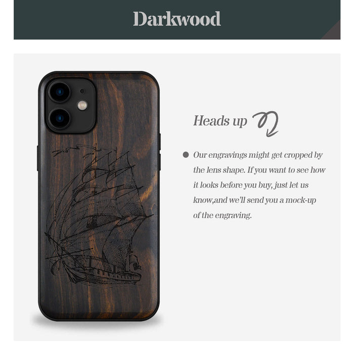 Pirate Ship Line Work, Classic Engraved Wood & TPU Case - Artisanal Cover for Apple iPhone