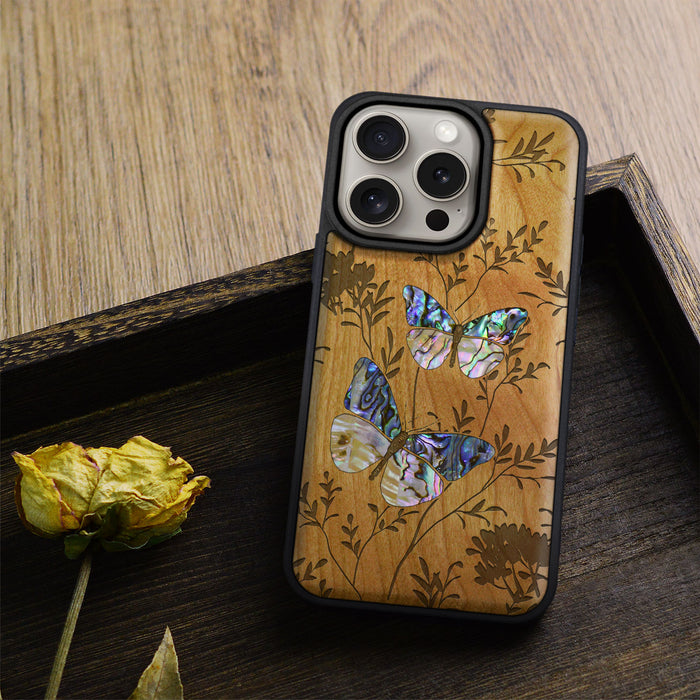 A Dance of Nature, Hand-Inlaid Wood & Mother of Pearl Case - Artisanal Cover for Apple iPhone