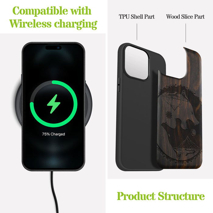 Yin-Yang Wolf, Classic Engraved Wood & TPU Case - Artisanal Cover for Apple iPhone