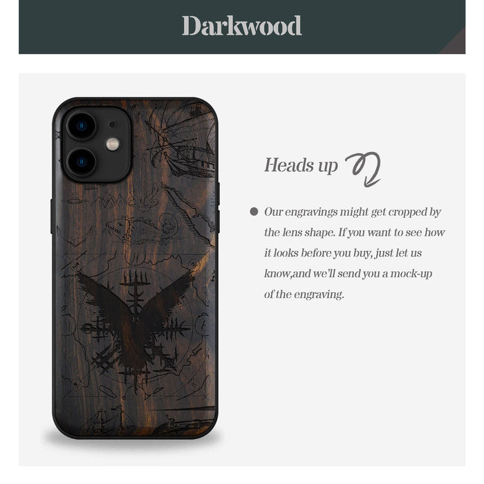 Splash Ink Vegvisir amidst Maritime Relics, Classic Engraved Wood & TPU Case - Artisanal Cover for Apple iPhone