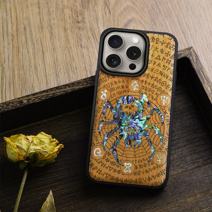 Shadows of the Web, Hand-Inlaid Wood & Mother of Pearl Case - Artisanal Cover for Apple iPhone