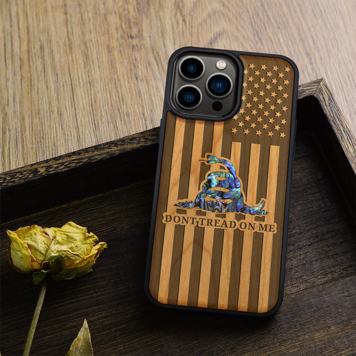 Gadsden Flag, Hand-Inlaid Wood & Mother of Pearl Case - Artisanal Cover for Apple iPhone