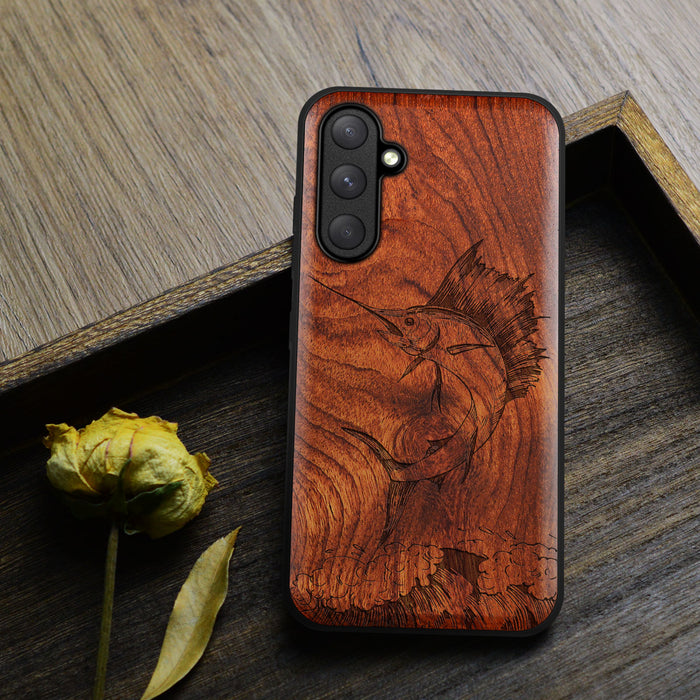 The Soaring Marlin, Classic Engraved Wood & TPU Case - Artisanal Cover for Samsung Galaxy