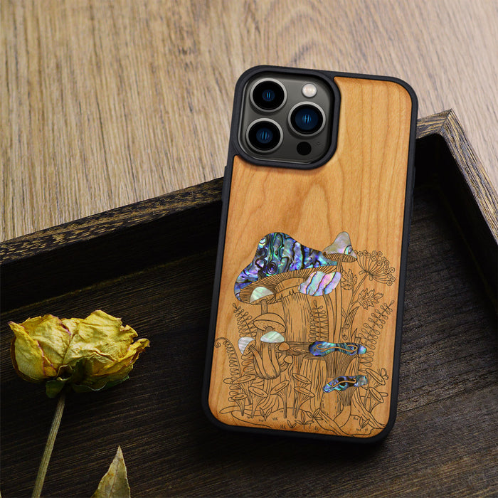 The Enchanting World of Mushrooms and Wildflowers, Hand-Inlaid Wood & Mother of Pearl Case - Artisanal Cover for Apple iPhone