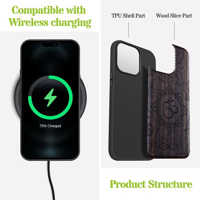 The Yoga Essence, Classic Engraved Wood & TPU Case - Artisanal Cover for Apple iPhone