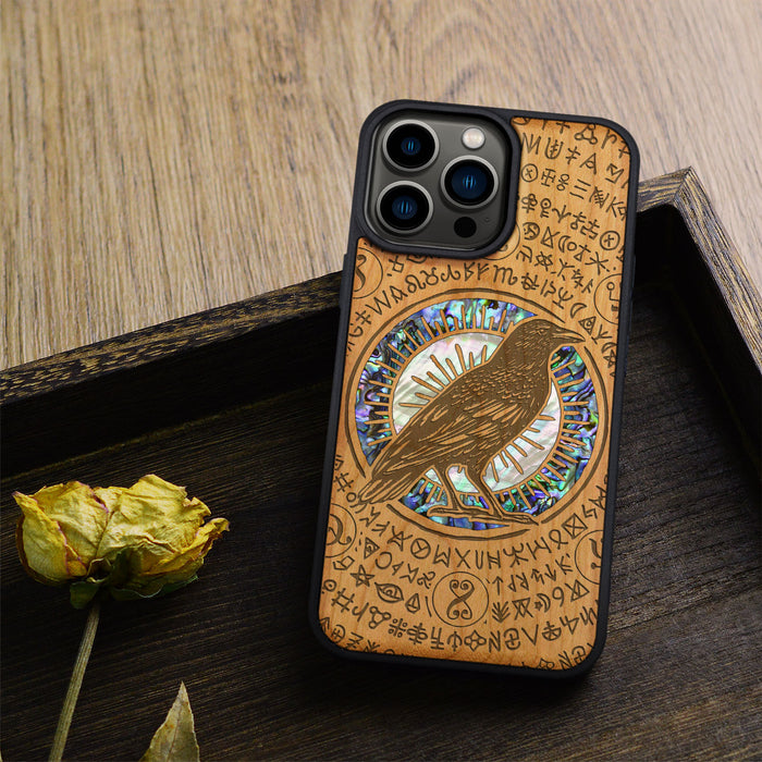 The Haloed Crow, Hand-Inlaid Wood & Mother of Pearl Case - Artisanal Cover for Apple iPhone