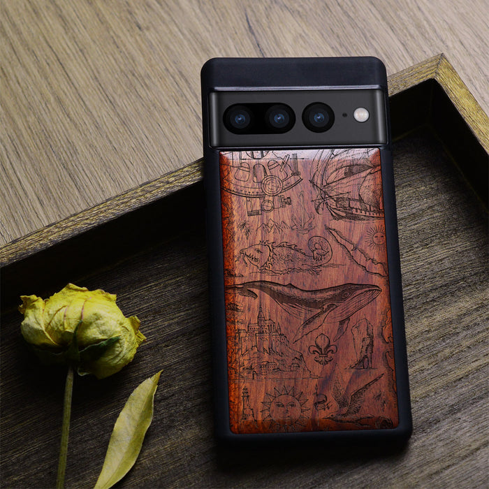 A Voyage of Vintage Visions, Classic Engraved Wood & TPU Case - Artisanal Cover for Google Pixel