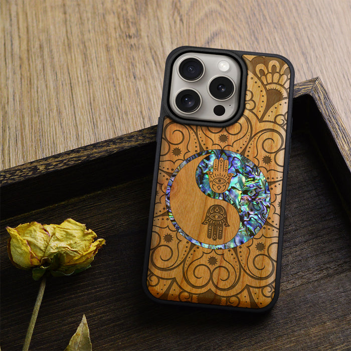 Tranquil Harmony Mandala, Hand-Inlaid Wood & Mother of Pearl Case - Artisanal Cover for Apple iPhone