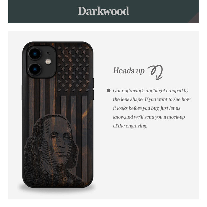 Benjamin Franklin's Portrait Amidst the Stars and Stripes, Classic Engraved Wood & TPU Case - Artisanal Cover for Apple iPhone