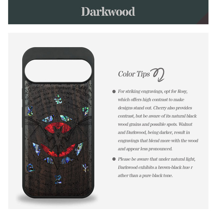 The Bat and the Octagonal Star, Hand-Inlaid Wood & Mother of Pearl Case - Artisanal Cover for Google Pixel