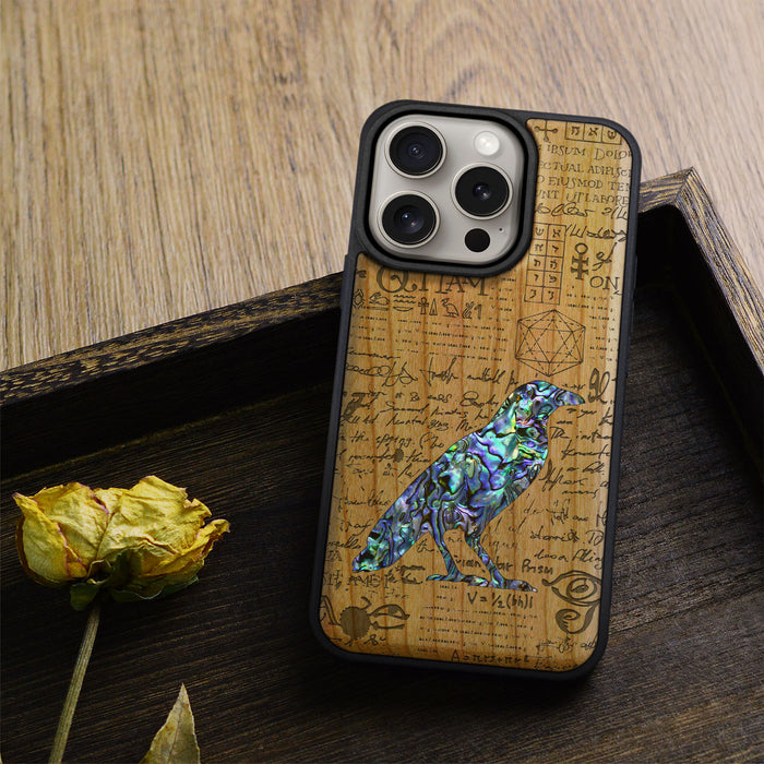 Raven Script, Hand-Inlaid Wood & Mother of Pearl Case - Artisanal Cover for Apple iPhone