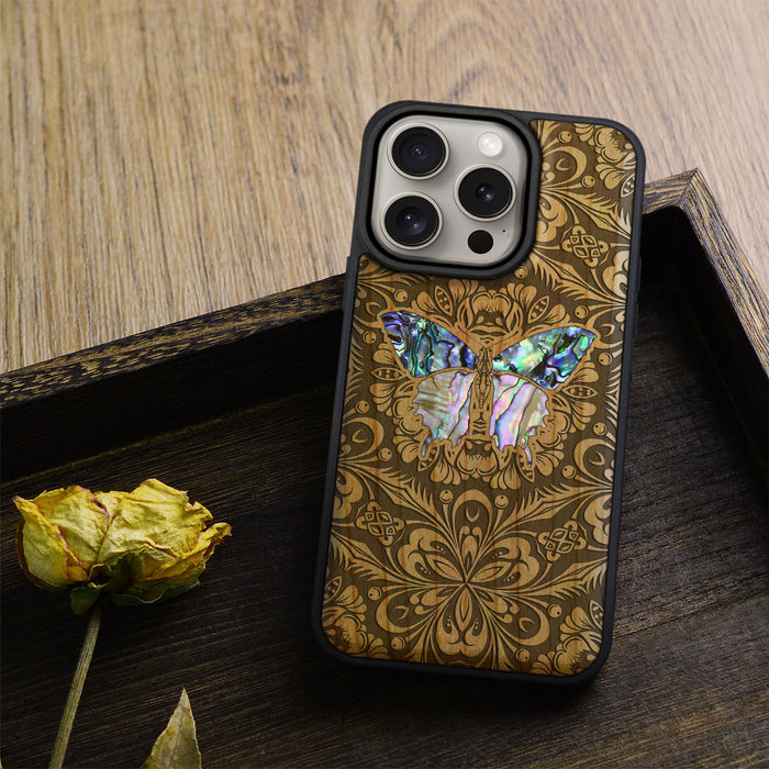 Baroque Butterfly, Hand-Inlaid Wood & Mother of Pearl Case - Artisanal Cover for Apple iPhone