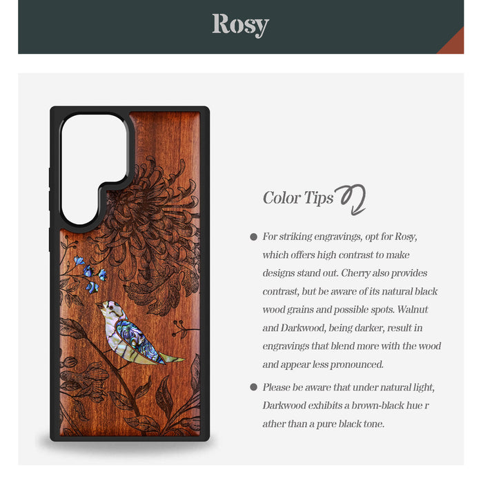 The Chrysanthemum and the Songbird, Hand-Inlaid Wood & Mother of Pearl Case - Artisanal Cover for Samsung Galaxy