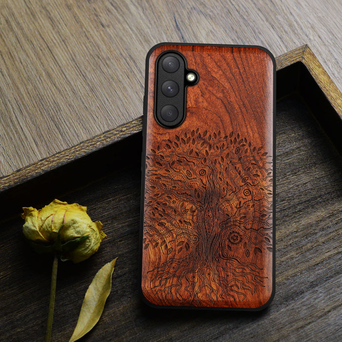 The Line Art Tree of Life, Classic Engraved Wood & TPU Case - Artisanal Cover for Samsung Galaxy