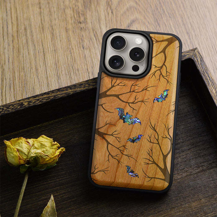 Shadows of the Night, Hand-Inlaid Wood & Mother of Pearl Case - Artisanal Cover for Apple iPhone