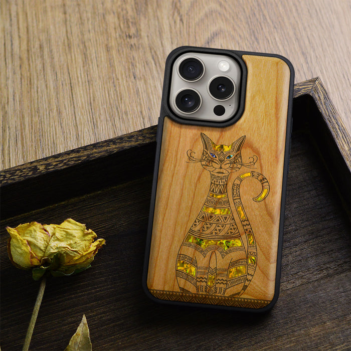 Tribal Cat Art, Hand-Inlaid Wood & Mother of Pearl Case - Artisanal Cover for Apple iPhone