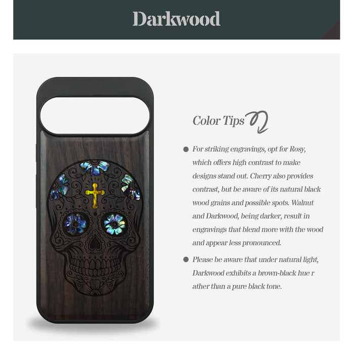 The Dia de los Muertos Sugar Skull, Hand-Inlaid Wood & Mother of Pearl Case - Artisanal Cover for Google Pixel