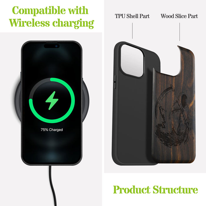 The Grim Reaper, Classic Engraved Wood & TPU Case - Artisanal Cover for Apple iPhone