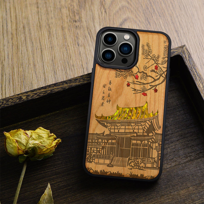 The Ancient Temple Amidst Cherry Blossoms, Hand-Inlaid Wood & Mother of Pearl Case - Artisanal Cover for Apple iPhone