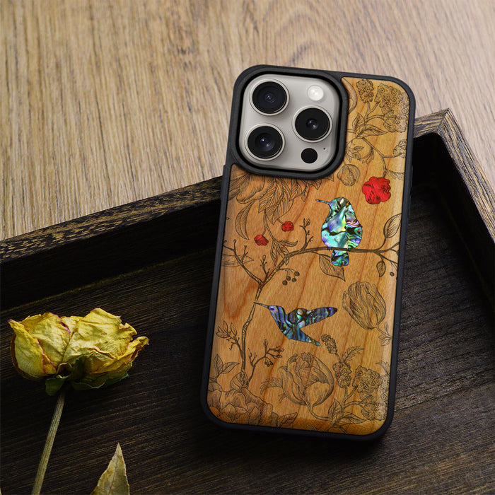 A Dance of Flora and Avian, Hand-Inlaid Wood & Mother of Pearl Case - Artisanal Cover for Apple iPhone