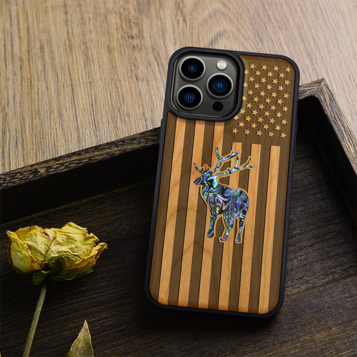 American Flag, Deer, Hand-Inlaid Wood & Mother of Pearl Case - Artisanal Cover for Apple iPhone