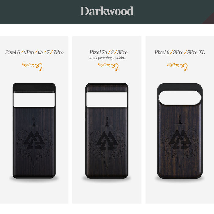 Valknut and Sword, Classic Engraved Wood & TPU Case - Artisanal Cover for Google Pixel