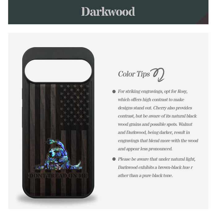 The Gadsden Flag Reenvisioned, Hand-Inlaid Wood & Mother of Pearl Case - Artisanal Cover for Google Pixel