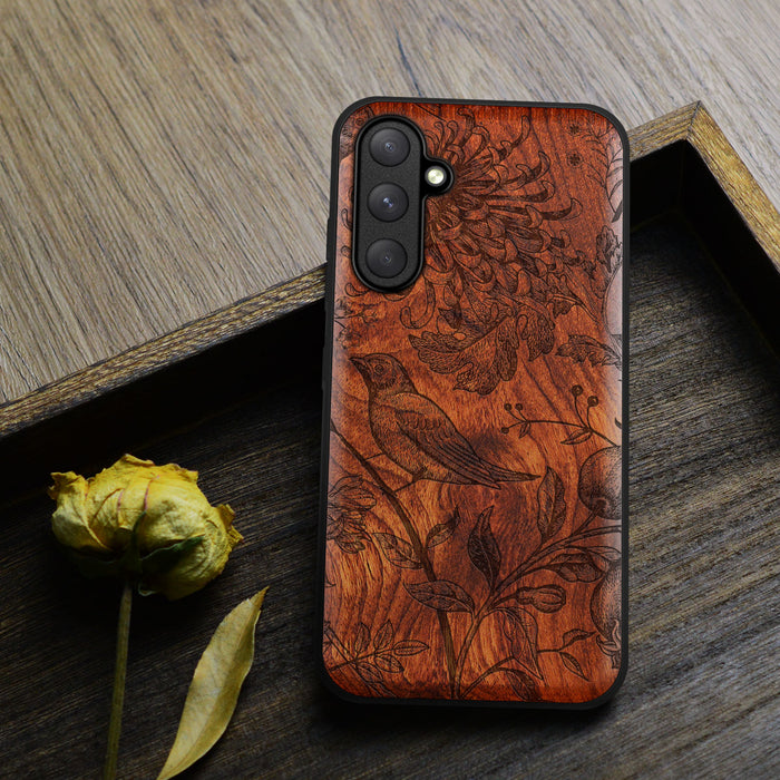 The Chrysanthemum and the Songbird, Classic Engraved Wood & TPU Case - Artisanal Cover for Samsung Galaxy