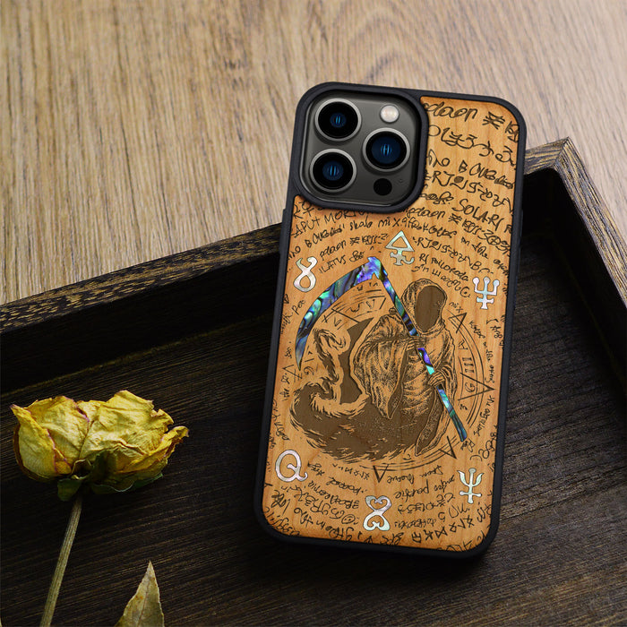 The Reaper's Scythe, Hand-Inlaid Wood & Mother of Pearl Case - Artisanal Cover for Apple iPhone