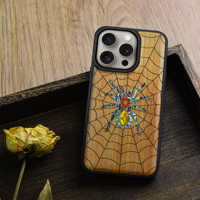 Spider Web, Hand-Inlaid Wood & Mother of Pearl Case - Artisanal Cover for Apple iPhone