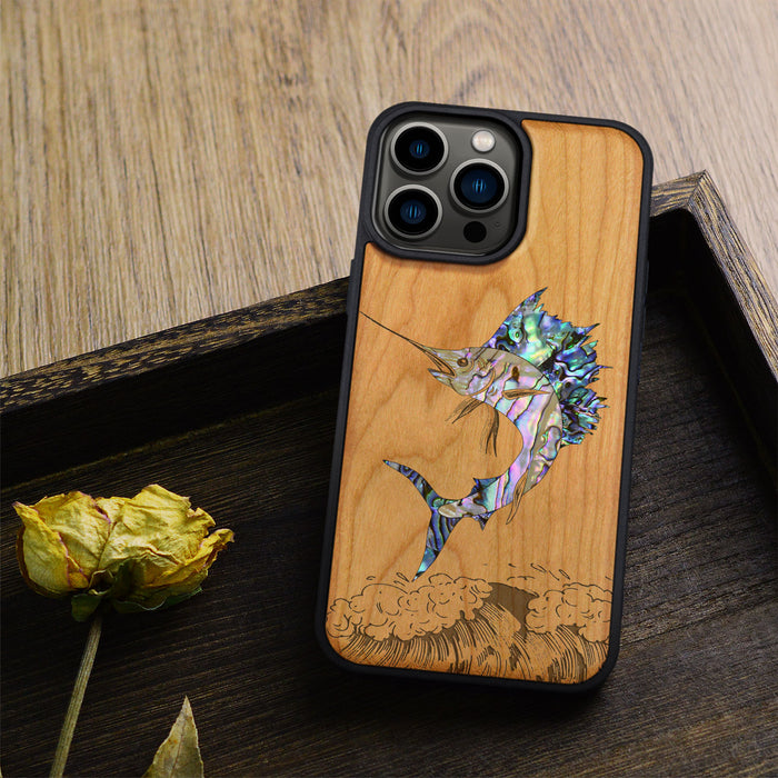 The Soaring Marlin, Hand-Inlaid Wood & Mother of Pearl Case - Artisanal Cover for Apple iPhone