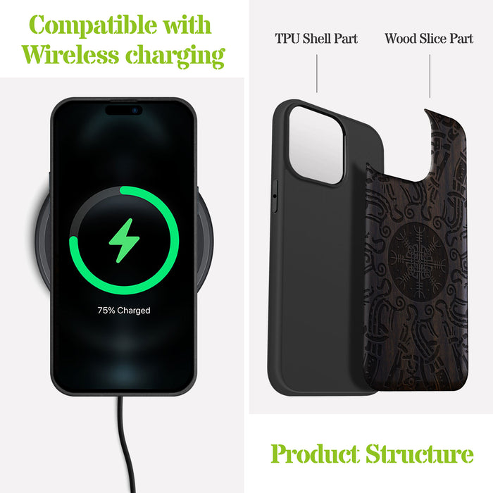 Viking Shield, Classic Engraved Wood & TPU Case - Artisanal Cover for Apple iPhone