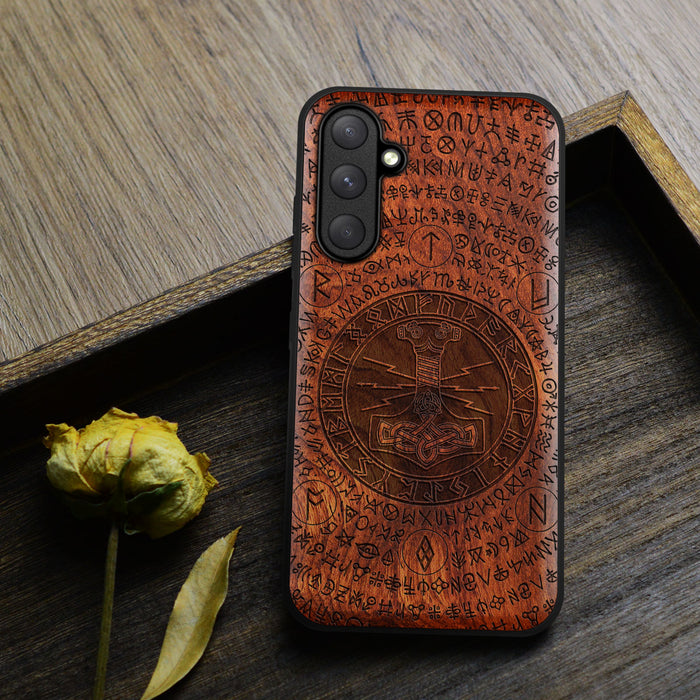 Mjölnir and the Runes, Classic Engraved Wood & TPU Case - Artisanal Cover for Samsung Galaxy