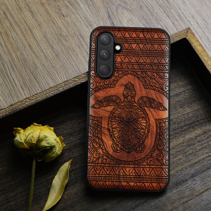 The Enigmatic Turtle of Timeless Patterns, Classic Engraved Wood & TPU Case - Artisanal Cover for Samsung Galaxy