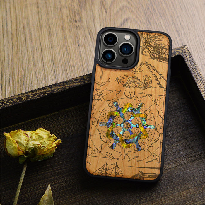 Journey of the Mariner, Hand-Inlaid Wood & Mother of Pearl Case - Artisanal Cover for Apple iPhone